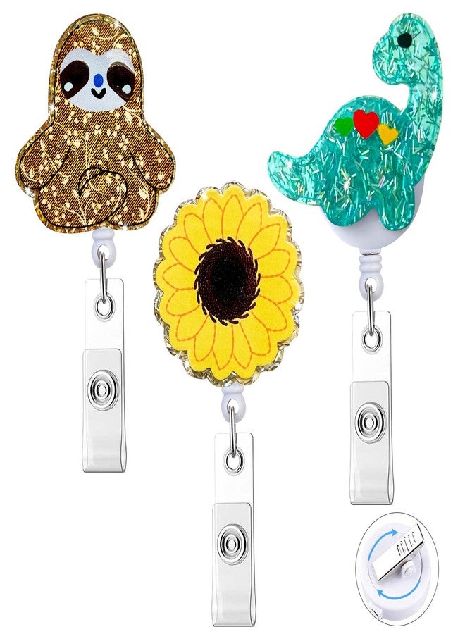 HASFINE Retractable ID Badge Holders Cute Cartoon Sloth, Sunflower, and Dinosaur Badge Reels with Alligator Clip for Teacher,Student, Nurse, and Office Worker (3-Pack) - Image 1