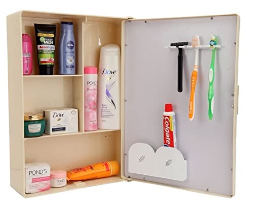 Epraiser Bathroom Cabinet with Full Mirror Door Toothbrush Holder Model Style 5 Shelves_Ivory_14 Inch x 10 Inch x 4 Inch - Image 1
