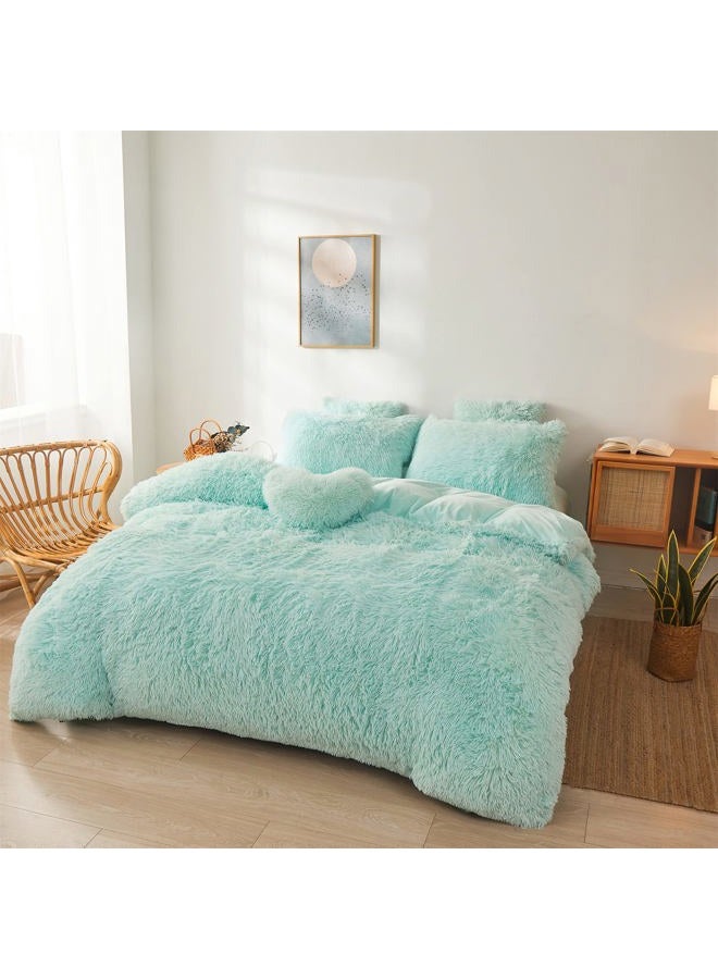 FOPPA Green Comforter Cover Set - Ultra Soft Plush Bedding Set (1 Faux Fur Duvet Cover + 2 Faux Fur Pillow Cases) Mint Green, Queen - Image 2