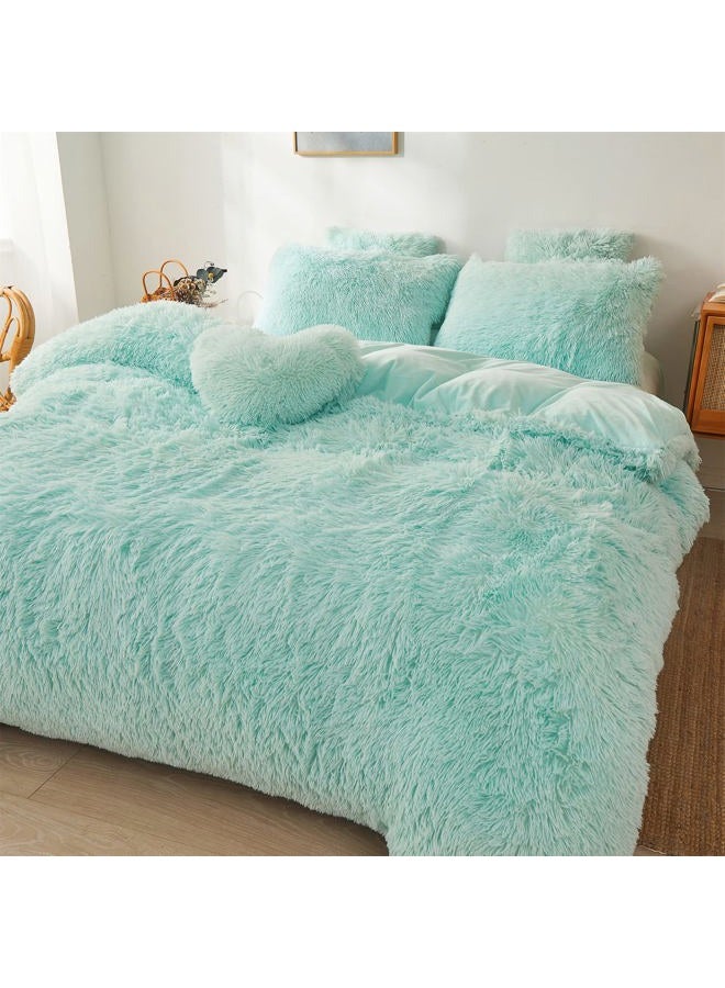 FOPPA Green Comforter Cover Set - Ultra Soft Plush Bedding Set (1 Faux Fur Duvet Cover + 2 Faux Fur Pillow Cases) Mint Green, Queen - Image 3