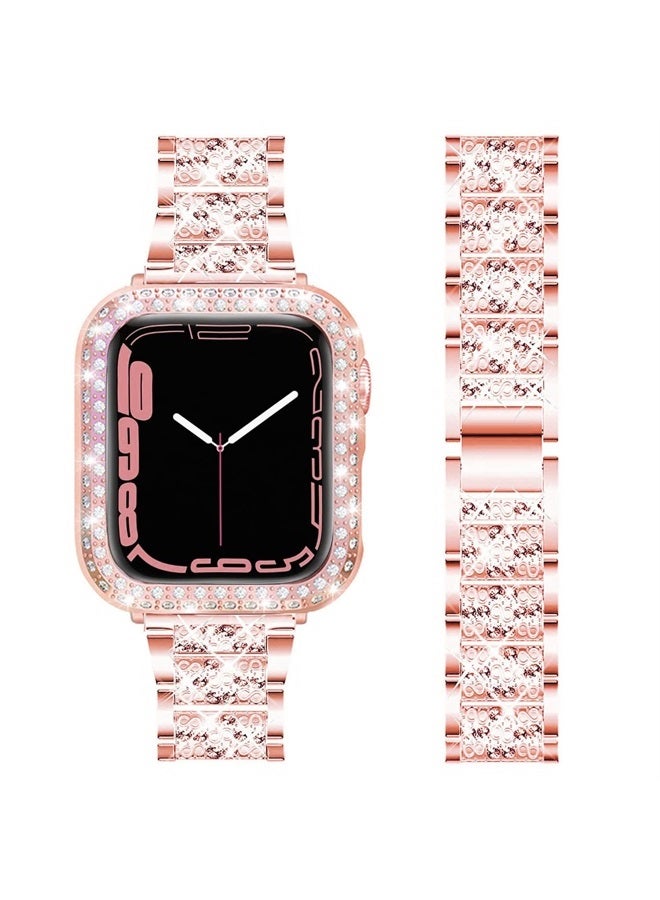 DEALELE Bands Compatible with iWatch 40mm 44mm, Bling Rhinestone Diamond Metal Strap with Protective Case Cover Replacement for Apple Watch Series 6/5 / 4 / SE Women Men (44mm, Rose pink) - Image 1