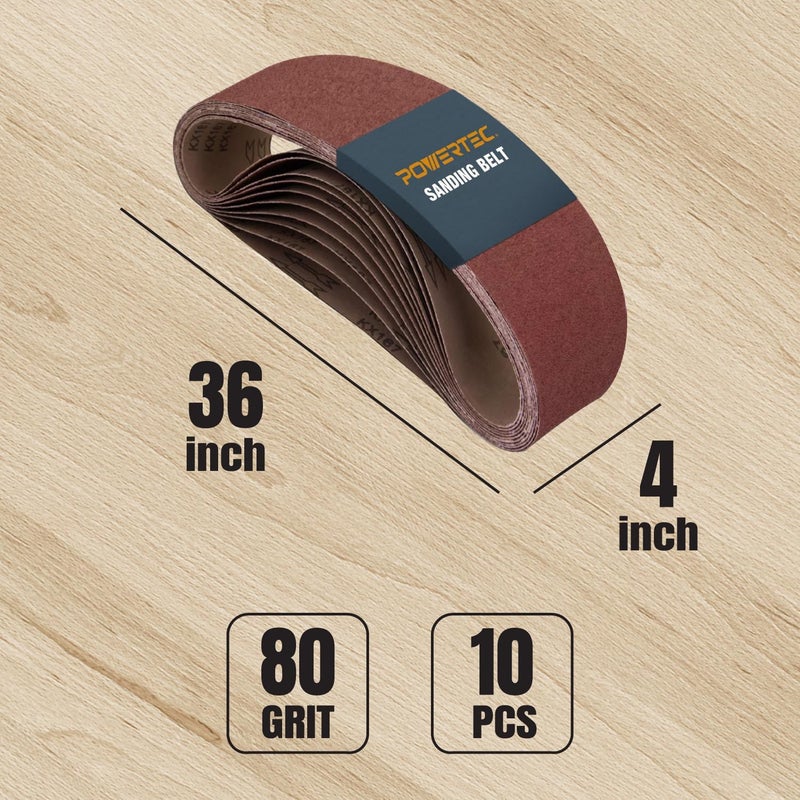 POWERTEC 110680 4 x 36 Inch Sanding Belts - 80 Grit Aluminum Oxide Sandpaper, 10 Pack - Image 2