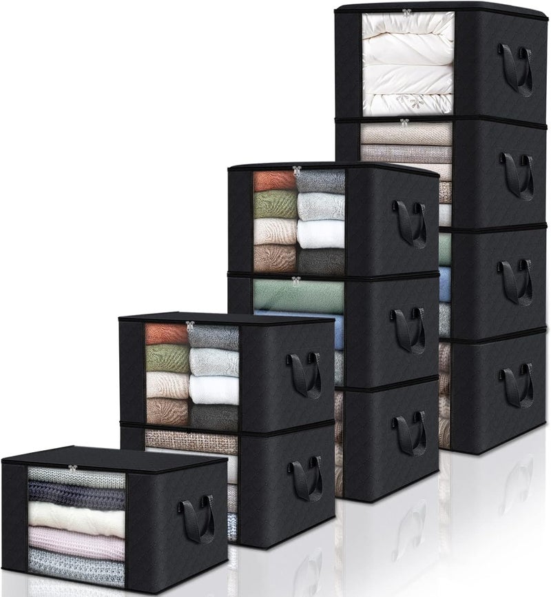 Fab totes 10 Pack Clothes Storage, Foldable Thick Fabric Blanket Storage Bags, Storage Containers for Organizing Bedroom, Closet, Clothing, Comforter, Organization and Storage with Handle,Black - Image 1