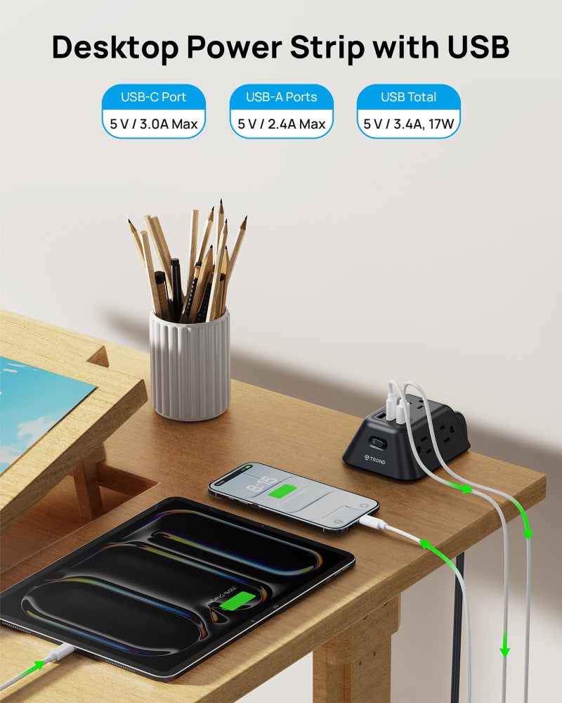TROND Desk Clamp Power Strip, Surge Protector with 5 AC Outlets and 3 USB Ports, Desk Mount Charging Station, Fit 1.97in Tabletop Edge Thick, 6FT Extension Cord, for Home Office Gaming Accessories, Black - Image 4