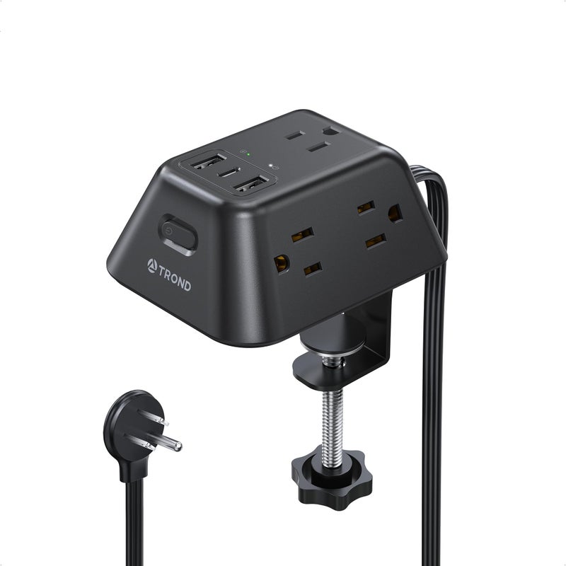 TROND Desk Clamp Power Strip, Surge Protector with 5 AC Outlets and 3 USB Ports, Desk Mount Charging Station, Fit 1.97in Tabletop Edge Thick, 6FT Extension Cord, for Home Office Gaming Accessories, Black - Image 1