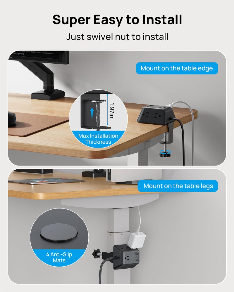 TROND Desk Clamp Power Strip, Surge Protector with 5 AC Outlets and 3 USB Ports, Desk Mount Charging Station, Fit 1.97in Tabletop Edge Thick, 6FT Extension Cord, for Home Office Gaming Accessories, Black - Image 3