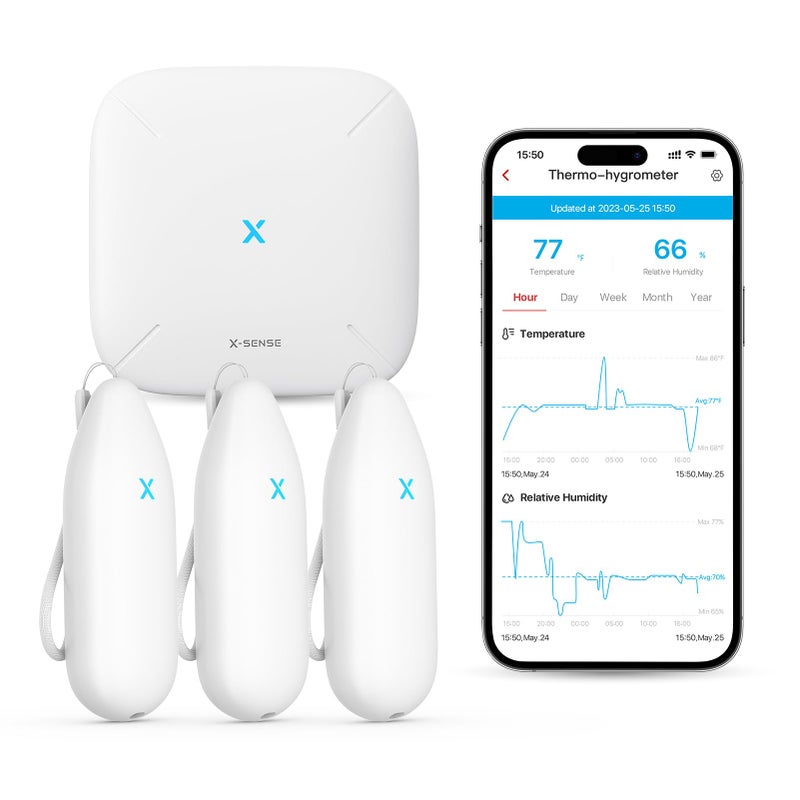 X-Sense مقياس حرارة ورطوبة داخلي واي فاي X-Sense، مقياس حرارة الغرفة مع تحكم عبر التطبيق، مستشعر درجة الحرارة للمنزل، الغرفة، قبو النبيذ، الطوابق السفلية، تصدير بيانات التخزين بدون رسوم، 3 مستشعرات ومحطة قاعدة واحدة - Image 1