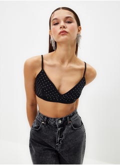trendyol Black Crop Shiny Stone Woven Bustier TPRSS24BS00002  - Image 1