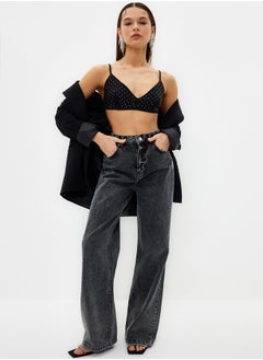 trendyol Black Crop Shiny Stone Woven Bustier TPRSS24BS00002  - Image 2