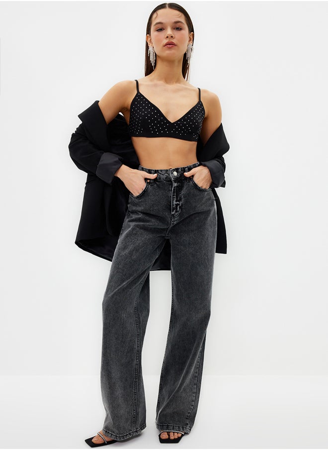 trendyol Black Crop Shiny Stone Woven Bustier TPRSS24BS00002  - Image 2