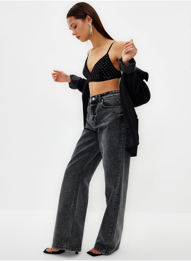 trendyol Black Crop Shiny Stone Woven Bustier TPRSS24BS00002  - Image 3