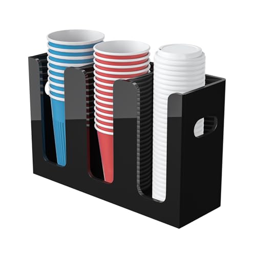 WINFFOR Disposable Cup Organizer Dispenser 3 Compartments Black Acrylic Cup and Lid Holder with Handles Plastic Cup Dispenser Countertop Paper Cup Holder for Coffee Bar House Party Essentials - Image 1