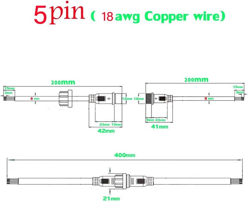 YETOR Waterproof Connectors 5 Wire, 18AWG Male Female Plug LED Connector with 2Pin Waterproof Connectors,IP68 20CM Extension Cable for Car, Truck, Boat,Indoor/Outdoor LED Strip Lights,(5Pairs) - Image 3