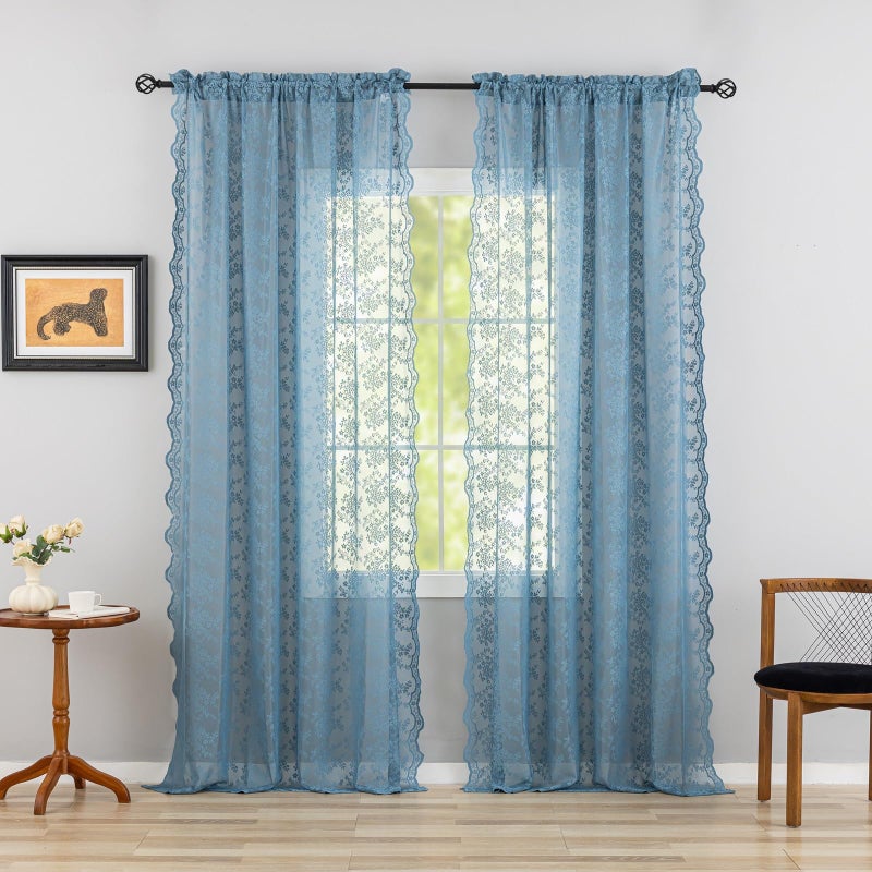 YJ YANJUN Dusty Blue Curtains 84 Inch Length 2 Panels Set Vintage Floral Lace Sheer Window Curtains Beach Coastal Decor for Bedroom Living Room Hallway Doorways Rod Pocket W52 X L84 inch Stone Blue 7 Ft - Image 2