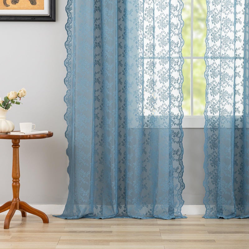 YJ YANJUN Dusty Blue Curtains 84 Inch Length 2 Panels Set Vintage Floral Lace Sheer Window Curtains Beach Coastal Decor for Bedroom Living Room Hallway Doorways Rod Pocket W52 X L84 inch Stone Blue 7 Ft - Image 4
