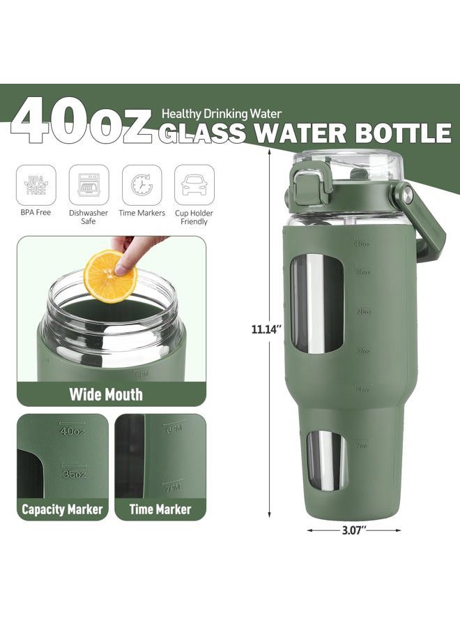 BLUEGO 40 oz Glass Water Bottle with Straw, Leakproof and Time Marker, Wide Mouth for Travel, Gym, Workout, Olive - Image 2