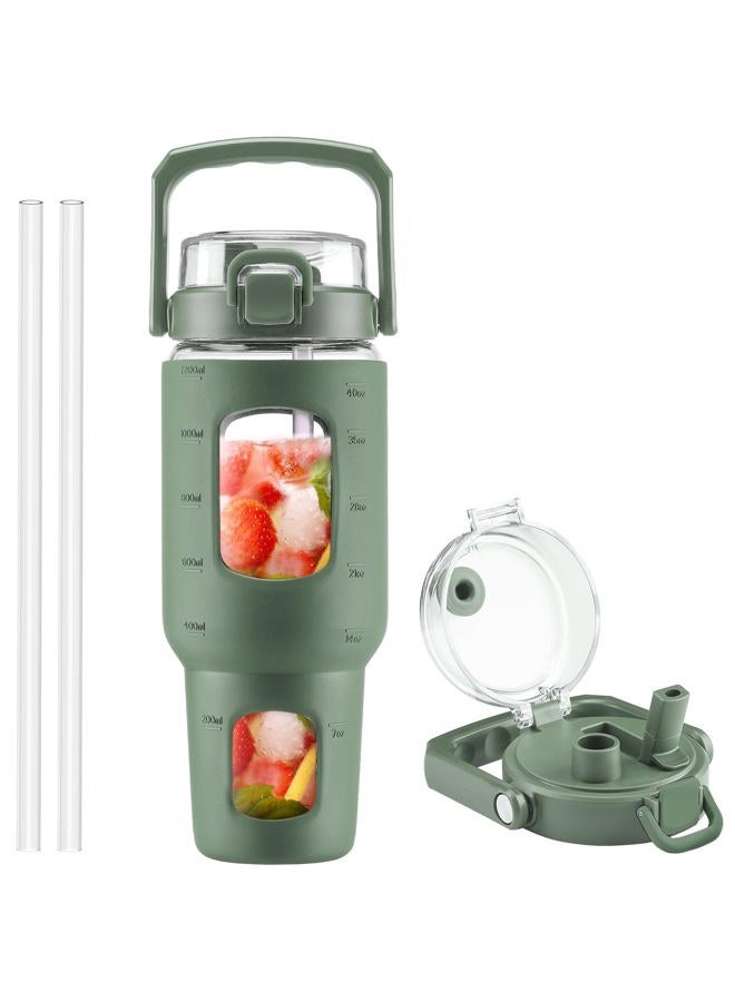 BLUEGO 40 oz Glass Water Bottle with Straw, Leakproof and Time Marker, Wide Mouth for Travel, Gym, Workout, Olive - Image 1