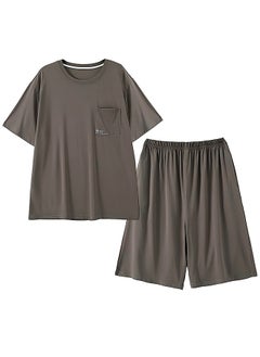 Generic Men's 100% Cotton Soft Lounge Set - Breathable Anti-Bacterial Homewear & Outdoor Casual Short Sleeve T-Shirt + Pants（XXL）  - Image 4