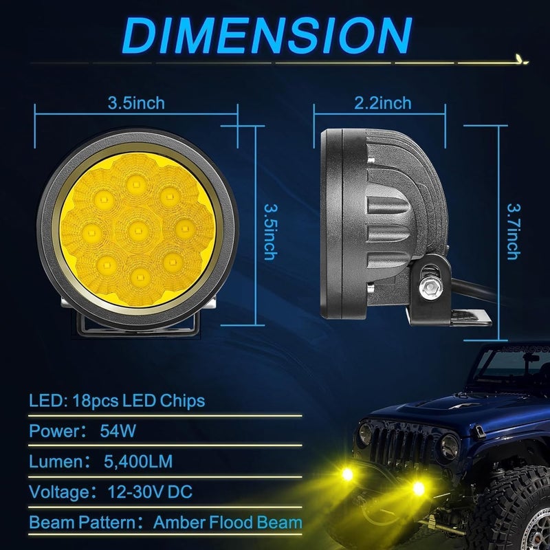 ACEC SHOP Amber Round LED Pods 2PCS 54W 3.5 Inch Yellow Pod Lights for Offroad Use - Image 2