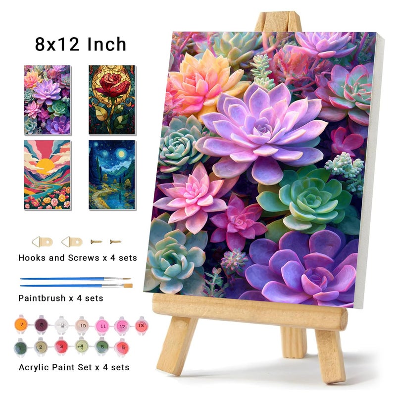 obterie 4 Pack Framed Paint by Numbers Kit for Adults Beginner Canvas Painting by Numbers for Adults Cactus Plants Easy Adult Paint by Number Kits with Frame Rose Flowers Watercolor Painting by Number 8x12 In - Image 2