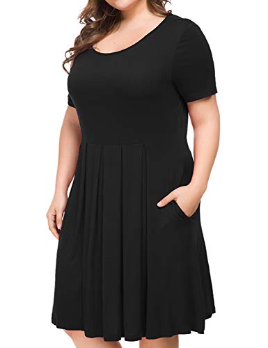Tralilbee Women's Plus Size Short Sleeve Pleated Loose Swing Casual Dress with Pockets Knee Length Black XL - Image 3