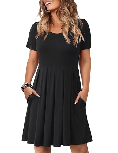 Tralilbee Women's Plus Size Short Sleeve Pleated Loose Swing Casual Dress with Pockets Knee Length Black XL - Image 1