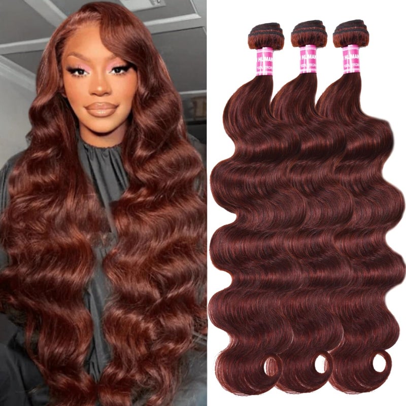 UNICE Reddish Brown Body Wave Human Hair Weave 3 Bundles 12 14 16 inch, Brazilian Remy Hair Auburn Brown Copper Red Human Hair Wavy Weaves for Sew in Extensions 33B Color - Image 1