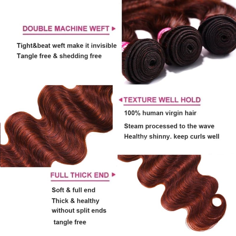 UNICE Reddish Brown Body Wave Human Hair Weave 3 Bundles 12 14 16 inch, Brazilian Remy Hair Auburn Brown Copper Red Human Hair Wavy Weaves for Sew in Extensions 33B Color - Image 5