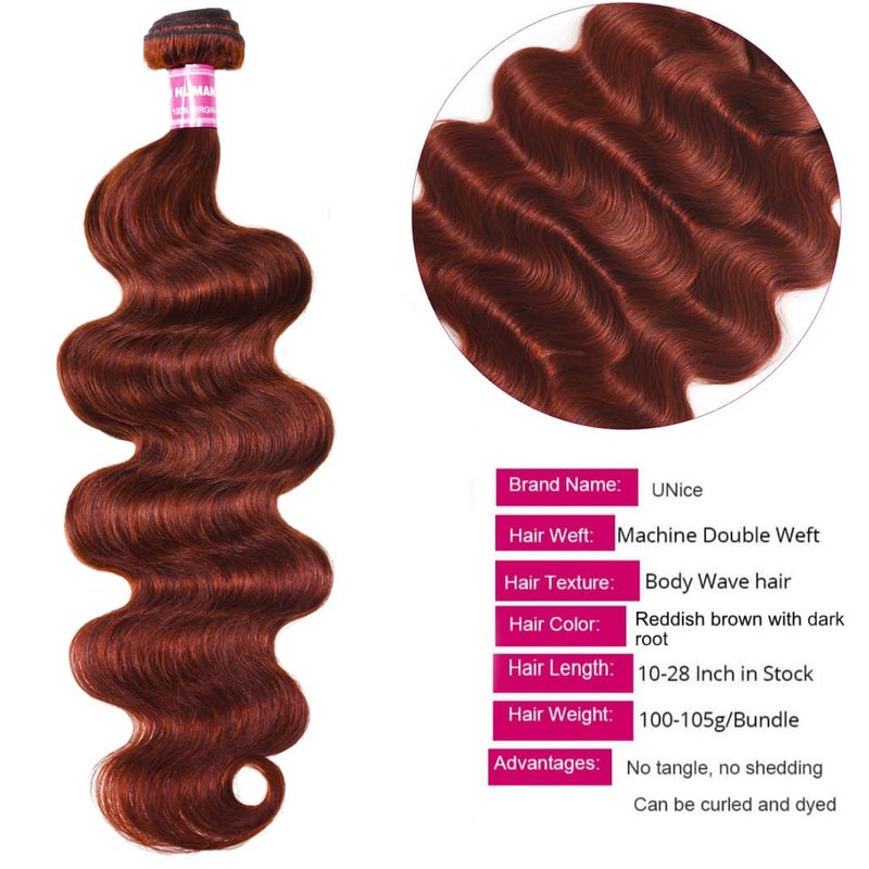 UNICE Reddish Brown Body Wave Human Hair Weave 3 Bundles 12 14 16 inch, Brazilian Remy Hair Auburn Brown Copper Red Human Hair Wavy Weaves for Sew in Extensions 33B Color - Image 4