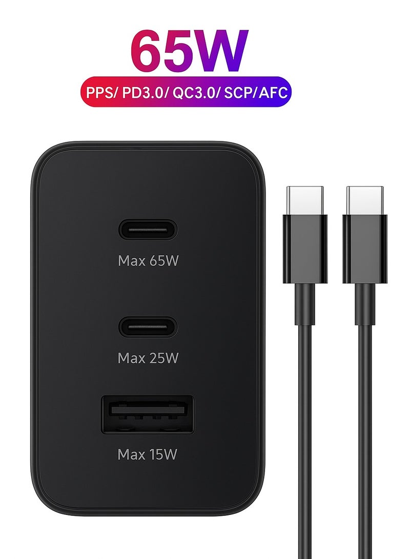 Super Fast Charger And Cable Set PD 65W 3-Port GaN Type-C Plug QC 3.0 USB-C compatible With iPhone 14,iPad Pro, Galaxy S23 - Image 1