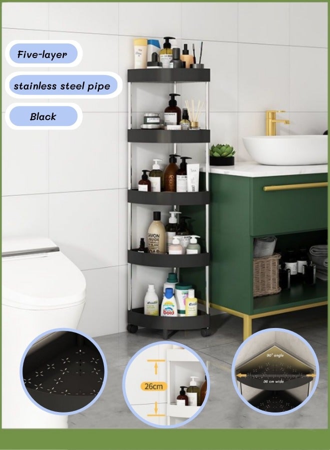 Stainless steel five-layer storage rack,multifunctional storage and organization cart,Basket Storage Organizer Trolley with Wheels, Bathroom Mobile Shelving Organizer,Triangle Corner Shelf Rack Rolling Trolley for Bathing, Office, Kitchen, Bedroom (Black)  - Image 1