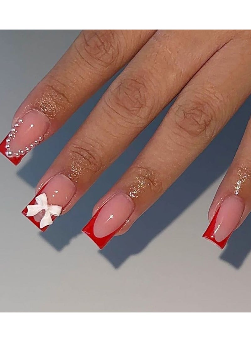 Goolsky Valentine's Day Press on Nails Short Bow Love Heart Fake Nails with Rhinestones Design 3D Handmade Acrylic Nails Nude False Nails Full Cover Almond Stick on Nails for Women Manicure Kit  - Image 1