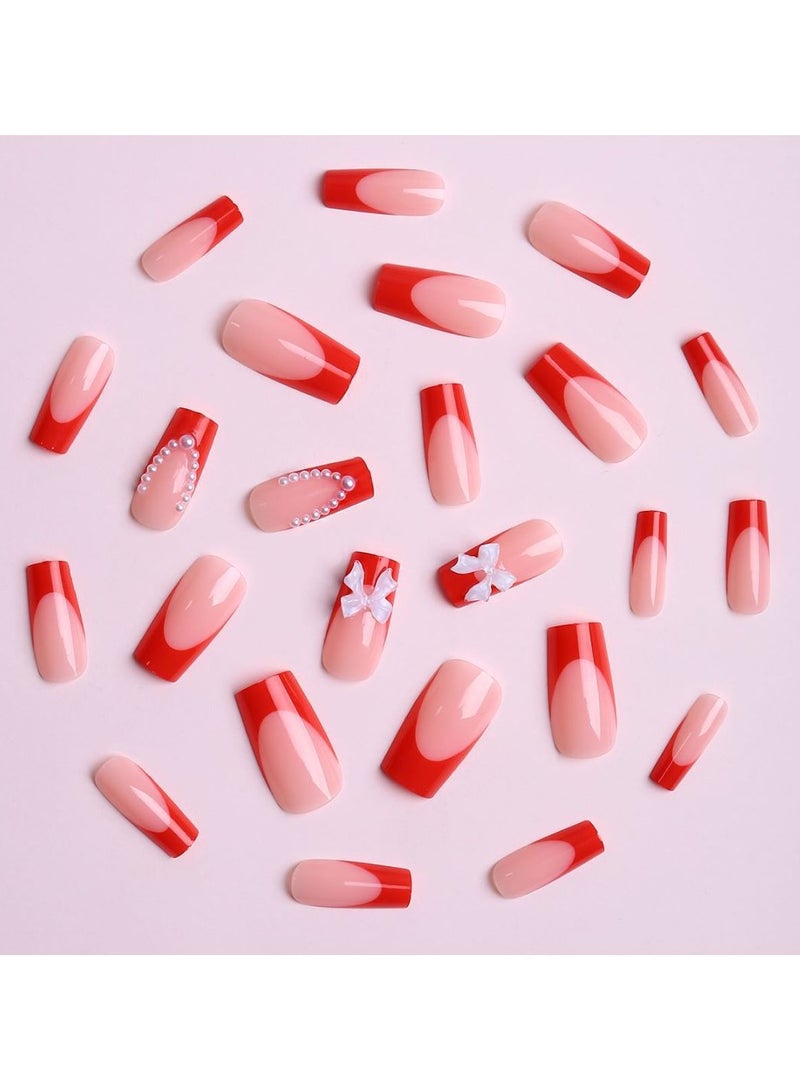 Goolsky Valentine's Day Press on Nails Short Bow Love Heart Fake Nails with Rhinestones Design 3D Handmade Acrylic Nails Nude False Nails Full Cover Almond Stick on Nails for Women Manicure Kit  - Image 2