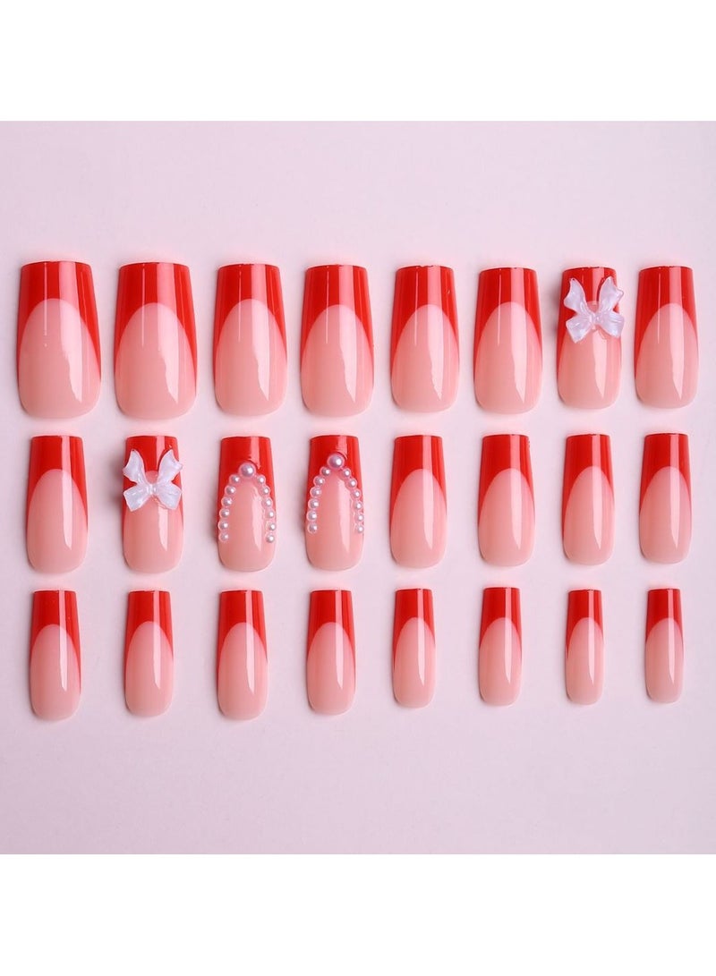Goolsky Valentine's Day Press on Nails Short Bow Love Heart Fake Nails with Rhinestones Design 3D Handmade Acrylic Nails Nude False Nails Full Cover Almond Stick on Nails for Women Manicure Kit  - Image 3