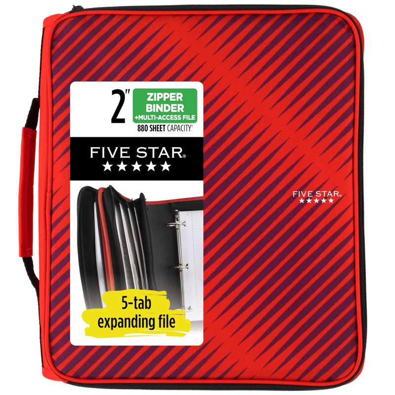 Five Star Zipper Binder, 2 Inch 3-Ring Binder with Round Rings, 5-Tab Expanding File, 380 Sheet Capacity, Fire Red (72538) - Image 1