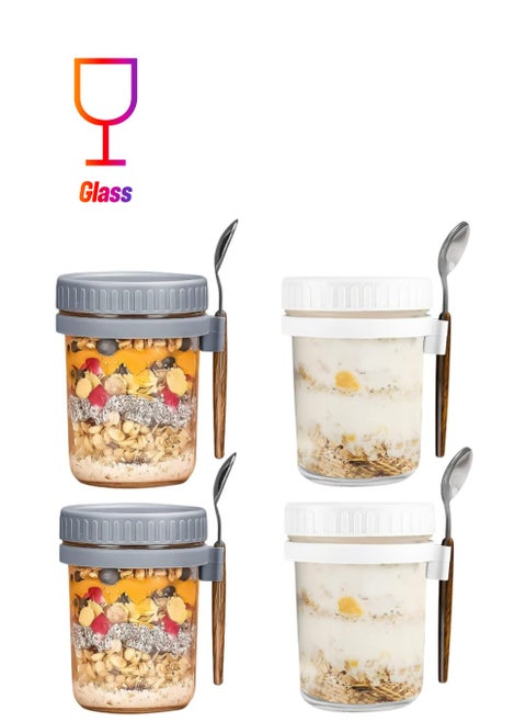 4 Pack 350ml Glass Jars, Overnight Oats Containers with Lids and Spoons, Food Storage Containers for Milk, Cereal, Fruit