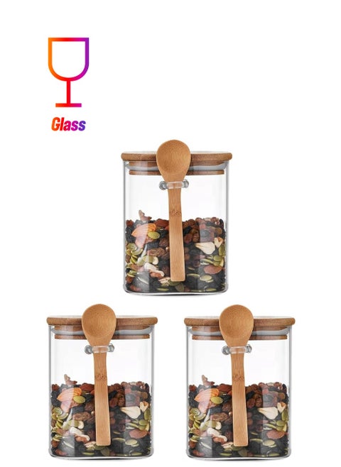 Borosilicate Glass Storage Jar with Bamboo Lid and Spoon (Set of 3) 1000ML