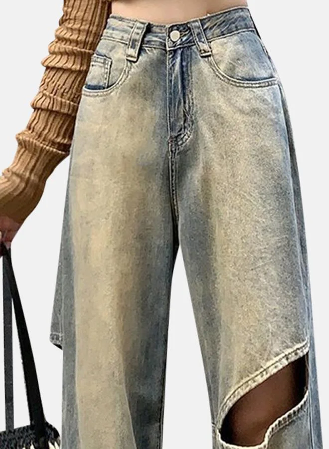 يونيكي Grey Slim Fit High-Rise Slash Knee Heavy Fade Denim Jeans