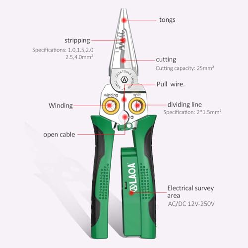LAOA 8 in 1 Wire Stripper with Voltage Tester, Alarm & Flash Wire Crimper Stripper - Detects 12V-250V AC/DC (Non-Rectified DC) for Strip, Cut, Crimp, Split, Wrap, Slit, Pull - Image 3