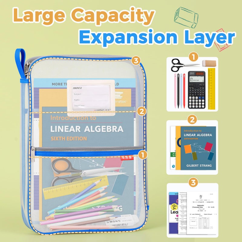 Pendancy Mesh Zipper Pouch 14.8x10.8 in Transparent Lightweight Nylon File Folders, A4 Size Multi-layer Subject Document Organizer Accessories Storage bag for Office and School Supplies(4 PCS) - Image 3