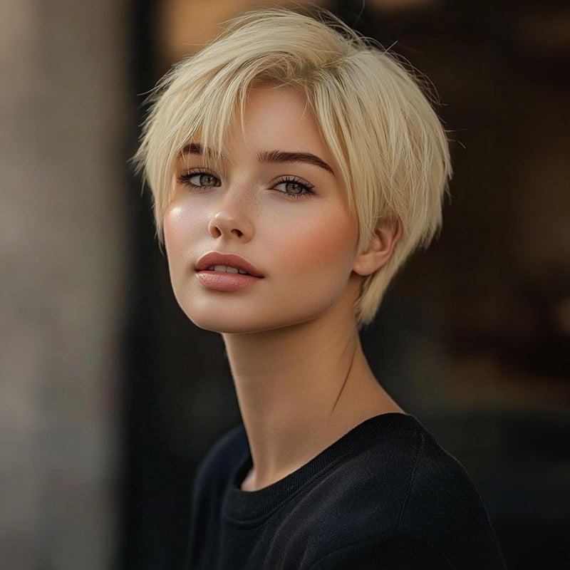 QUEENTAS Short Blonde WigPixie Cut Wigs for White Women with Bangs Pixie Layered Short Hair Wigs for Women Synthetic Hair Daily Use CosplayLight Golden Blonde