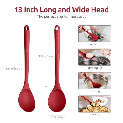U-Taste 600ºF Heat Resistant Silicone Spoon: U-Taste 13.3in Solid Kitchen Cooking Spoon, Nonstick Food Grade Large & Long Soup Rubber Utensil for Mixing, Serving, Stirring, Basting, for Pot Cookware (Red) - Image 2