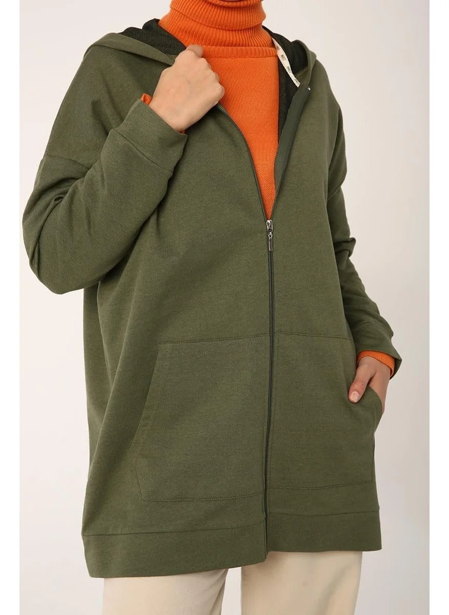 Allday Khaki-Zipped Sweat Cardigan