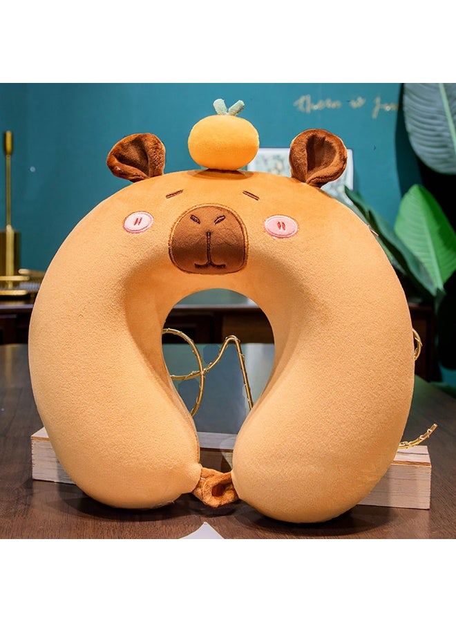 Travel Pillow, Cute Animal Design Memory Foam Neck Pillow with Detachable Cover for Kids & Adult Sleeping, Portable U-Shape Cartoon Pillow for Airplane Car Traveling (Orange Capybara) - Image 1