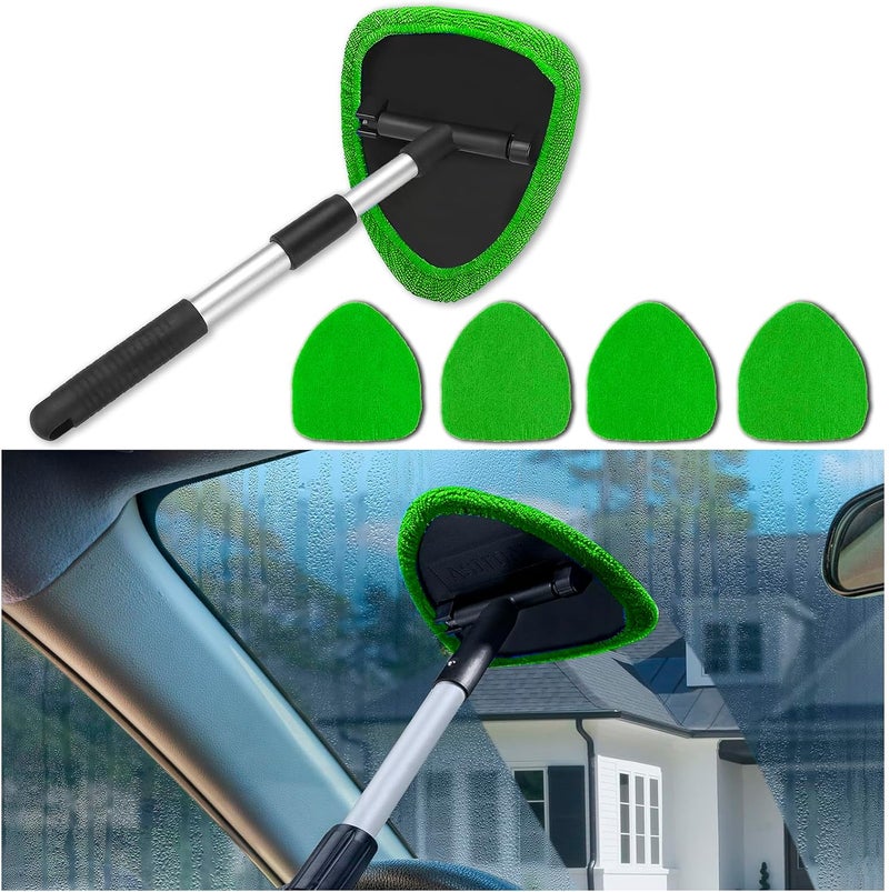 Couslcd Windshield Cleaner Tool - Portable Car Interior Window Cleaning Kit with Extendable Handle, 4 Microfiber Towel Pads, Auto Glass Wiper for Windshield, Universal for RV, SUV, Truck (Green) - Image 1