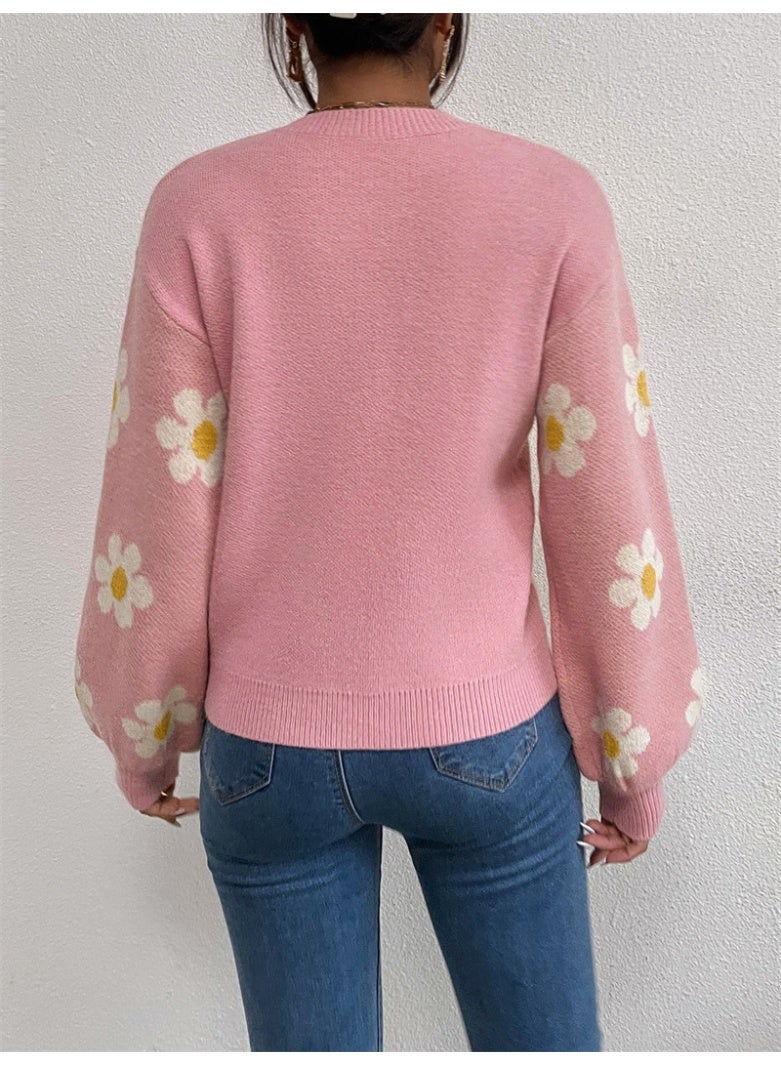NIBEMINENT Print Floral Women Knit Sweaters Round Neck Loose Long Sleeve Sweater Elegant Streetwear Pullover Splice Autumn Winter - Image 2
