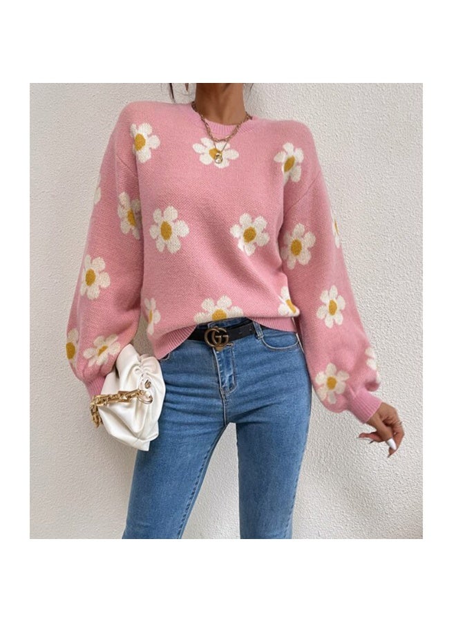 NIBEMINENT Print Floral Women Knit Sweaters Round Neck Loose Long Sleeve Sweater Elegant Streetwear Pullover Splice Autumn Winter - Image 1
