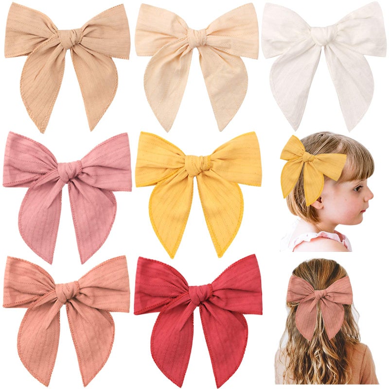 TOKUFAGU 7 Count 6 Inch Hair Clip Bows Large Cotton Hair Accessories for Girls Toddlers Kids