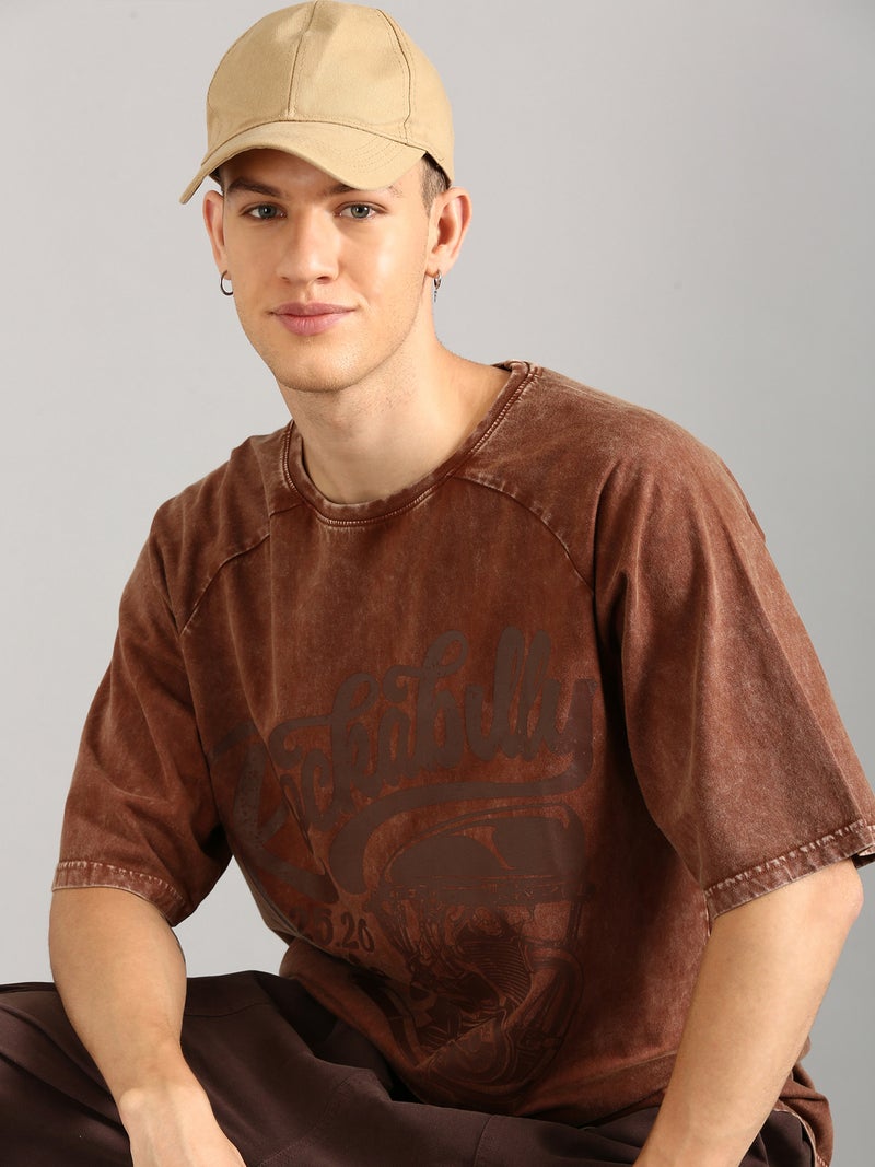 Joven Men Brown Printed Pure Cotton Oversized Raglan Distressed T-Shirt - Image 4
