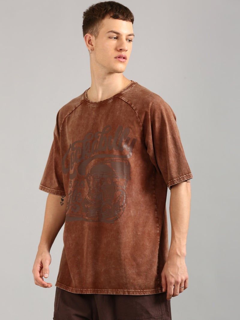 Joven Men Brown Printed Pure Cotton Oversized Raglan Distressed T-Shirt - Image 3
